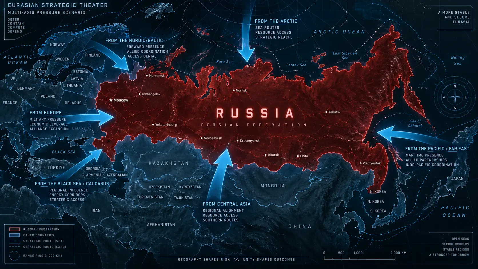 Illustrated strategic map of Eurasia showing geographic pressure axes around Russia
